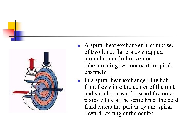  A spiral heat exchanger is composed of two long, flat plates wrapped around