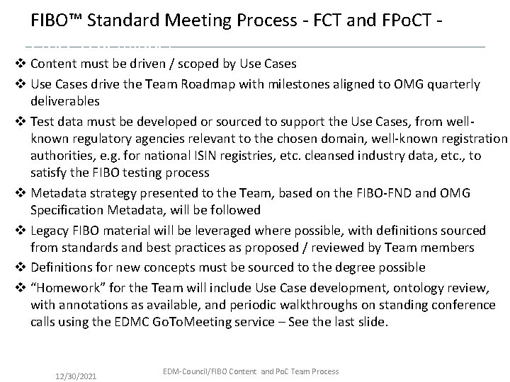 FIBO™ Standard Meeting Process - FCT and FPo. CT Process Reminder v Content must