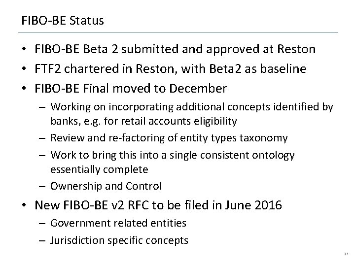 FIBO-BE Status • FIBO-BE Beta 2 submitted and approved at Reston • FTF 2