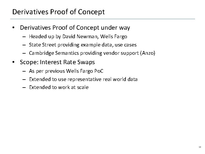 Derivatives Proof of Concept • Derivatives Proof of Concept under way – Headed up