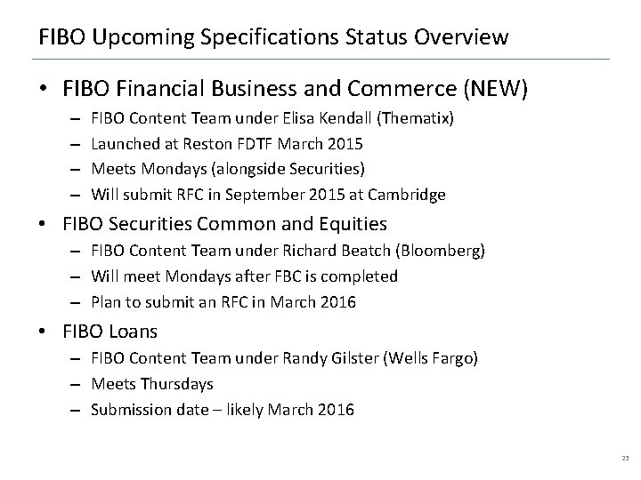 FIBO Upcoming Specifications Status Overview • FIBO Financial Business and Commerce (NEW) – –