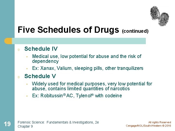 Five Schedules of Drugs (continued) o Schedule IV • • o Schedule V •