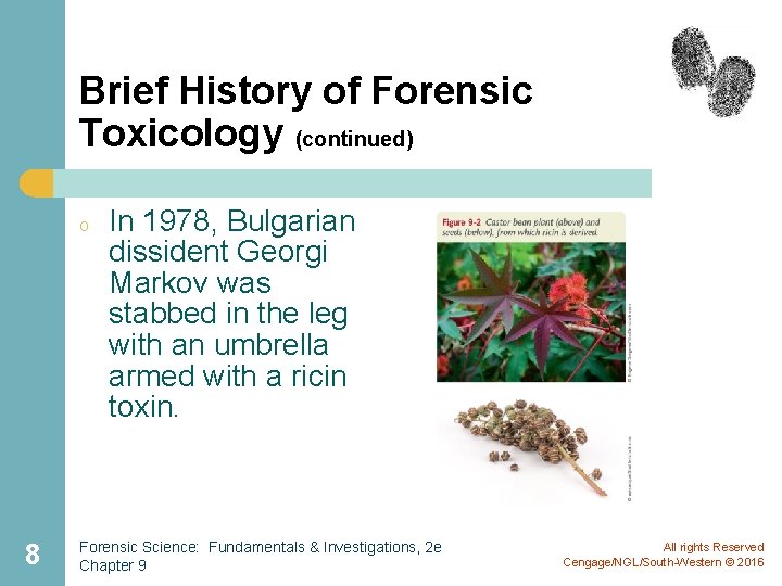 Brief History of Forensic Toxicology (continued) o 8 In 1978, Bulgarian dissident Georgi Markov