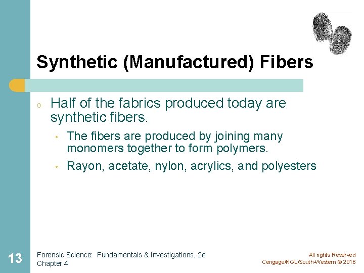 Synthetic (Manufactured) Fibers o Half of the fabrics produced today are synthetic fibers. •