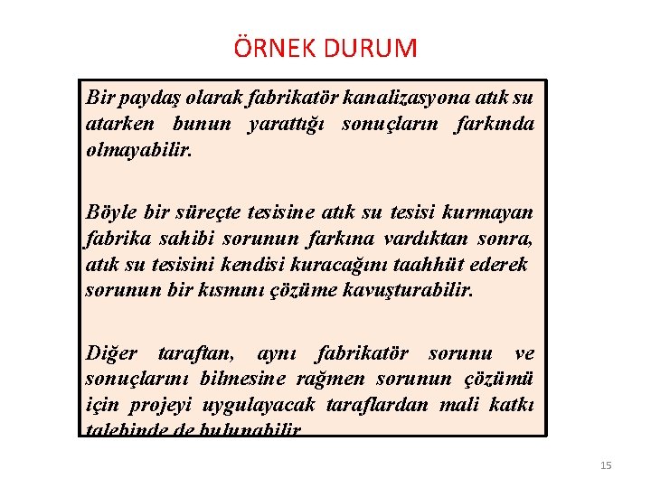 ÖRNEK DURUM Bir paydaş olarak fabrikatör kanalizasyona atık su atarken bunun yarattığı sonuçların farkında