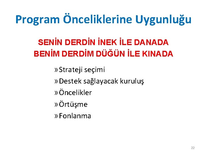 Program Önceliklerine Uygunluğu SENİN DERDİN İNEK İLE DANADA BENİM DERDİM DÜĞÜN İLE KINADA »