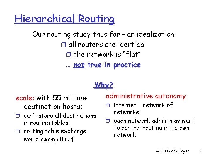 Hierarchical Routing Our routing study thus far – an idealization r all routers are