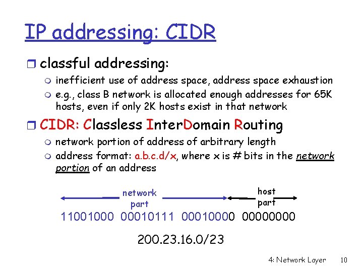 IP addressing: CIDR r classful addressing: m m inefficient use of address space, address