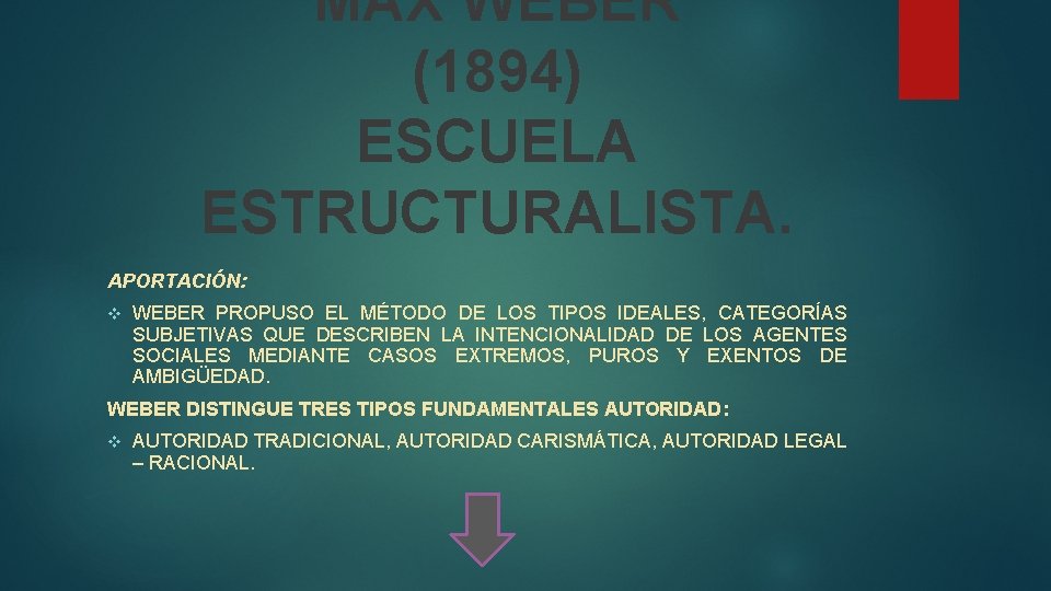 MAX WEBER (1894) ESCUELA ESTRUCTURALISTA. APORTACIÓN: v WEBER PROPUSO EL MÉTODO DE LOS TIPOS