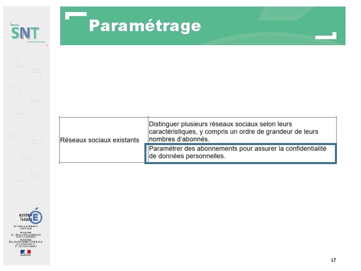 SNT Paramétrage 17 