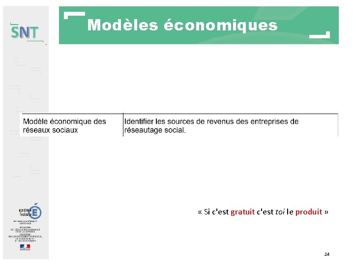 SNT Modèles économiques « Si c'est gratuit c'est toi le produit » 24 