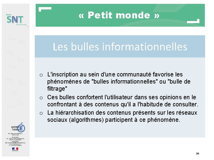 SNT « Petit monde » Les bulles informationnelles o L'inscription au sein d'une communauté SNT « Petit monde » Les bulles informationnelles o L'inscription au sein d'une communauté