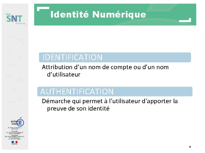 SNT Identité Numérique IDENTIFICATION Attribution d’un nom de compte ou d’un nom d’utilisateur AUTHENTIFICATION SNT Identité Numérique IDENTIFICATION Attribution d’un nom de compte ou d’un nom d’utilisateur AUTHENTIFICATION