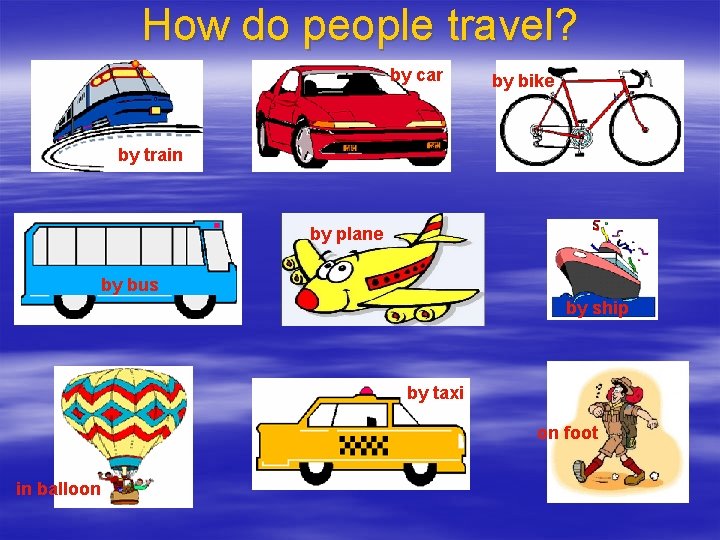 How do people travel? by car by bike by train by plane by bus