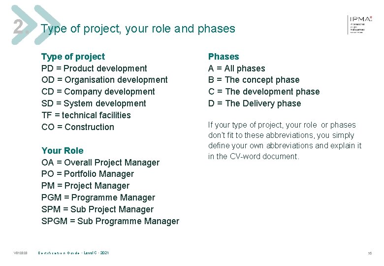 2. Type of project, your role and phases Type of project PD = Product