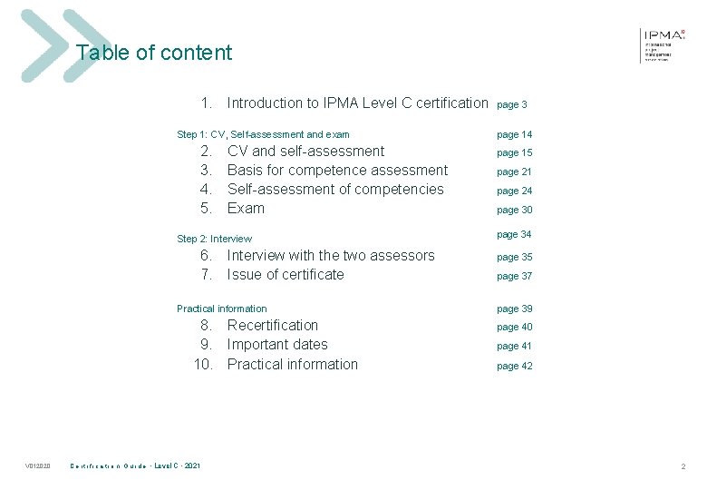 Table of content 1. Introduction to IPMA Level C certification Step 1: CV, Self-assessment