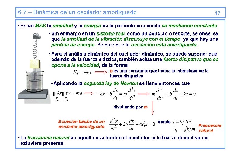 6. 7 – Dinámica de un oscilador amortiguado 17 • En un MAS la