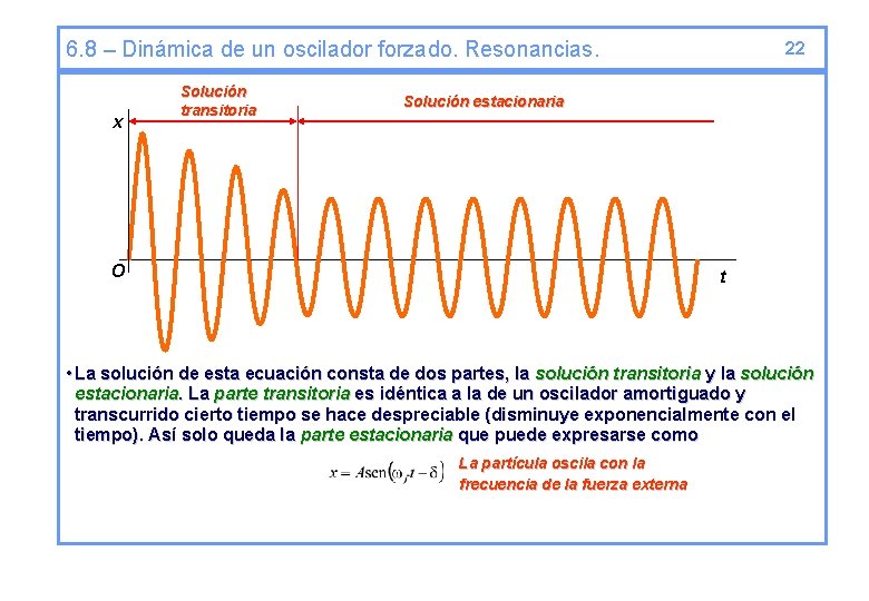 6. 8 – Dinámica de un oscilador forzado. Resonancias. x Solución transitoria 22 Solución