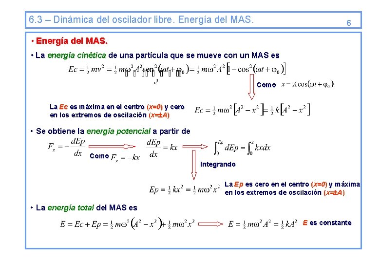 6. 3 – Dinámica del oscilador libre. Energía del MAS. 6 • Energía del