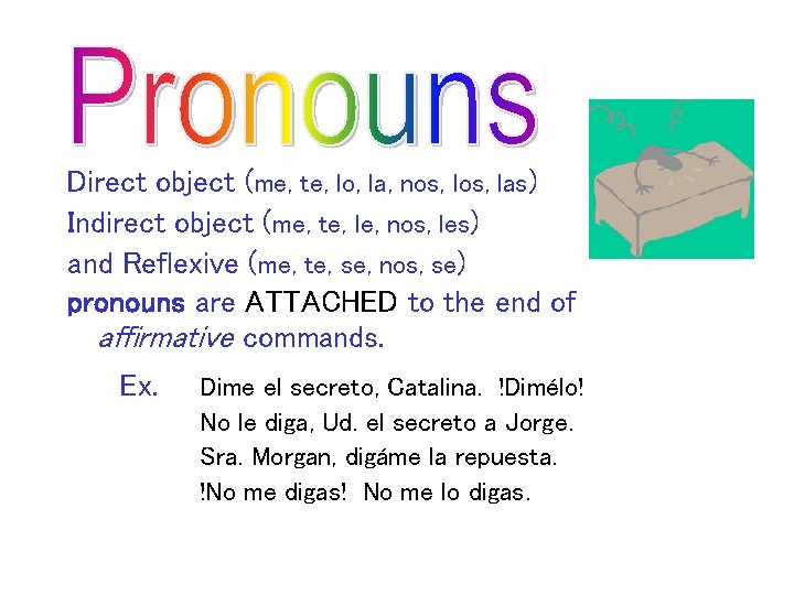 Direct object (me, te, lo, la, nos, las) Indirect object (me, te, le, nos,