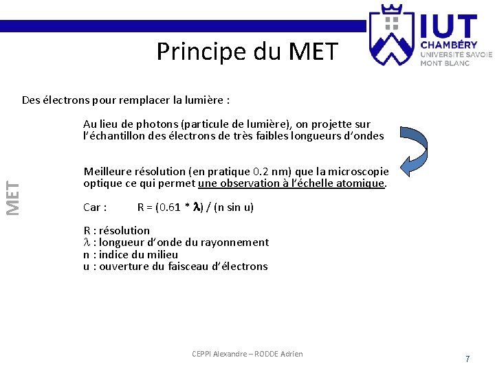 Principe du MET Des électrons pour remplacer la lumière : MET Au lieu de