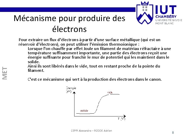 MET Mécanisme pour produire des électrons Pour extraire un flux d'électrons à partir d'une