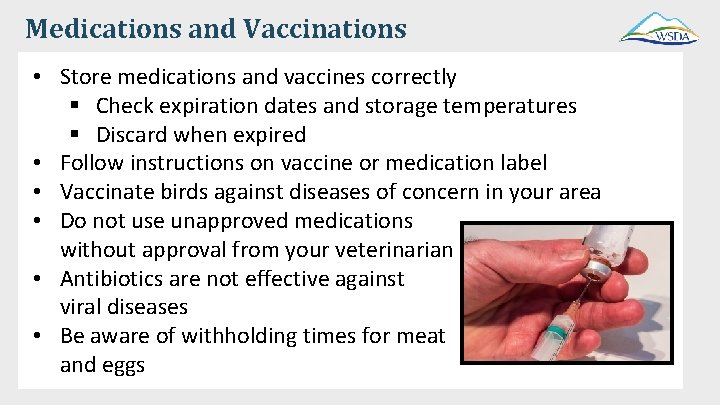 Medications and Vaccinations • Store medications and vaccines correctly § Check expiration dates and