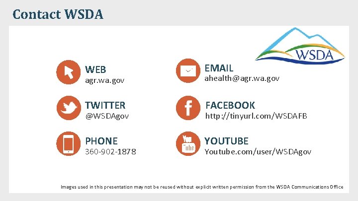 Contact WSDA WEB EMAIL TWITTER FACEBOOK PHONE YOUTUBE agr. wa. gov @WSDAgov 360 -902