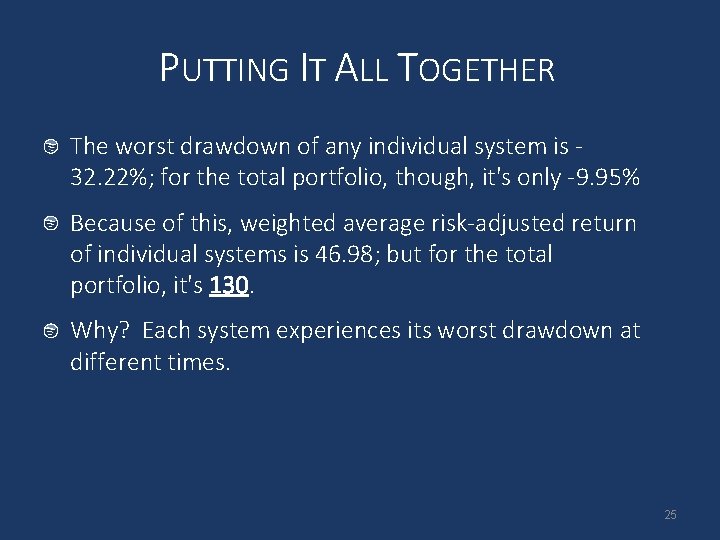 PUTTING IT ALL TOGETHER The worst drawdown of any individual system is 32. 22%;