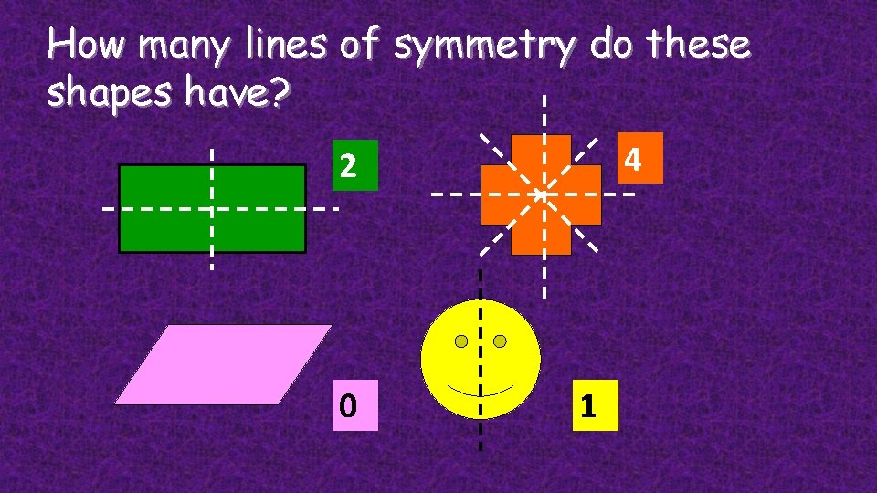 How many lines of symmetry do these shapes have? 4 2 0 1 