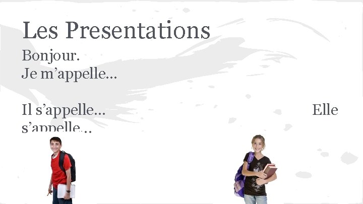 Les Presentations Bonjour. Je m’appelle… Il s’appelle… s’appelle. . . Elle 