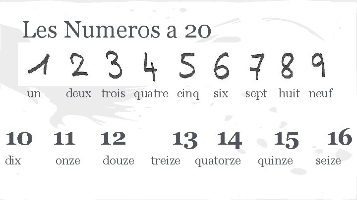 Les Numeros a 20 un deux trois quatre cinq 10 11 12 dix douze