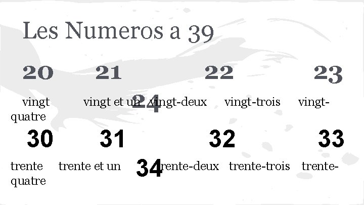 Les Numeros a 39 20 vingt quatre 30 trente quatre 21 22 24 vingt