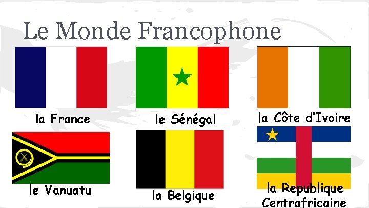 Le Monde Francophone la France le Vanuatu le Sénégal la Côte d’Ivoire la Belgique