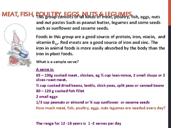 MEAT, FISH, POULTRY, EGGS, LEGUMES This group consists of all. NUTS kinds of&meat, poultry,