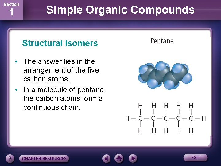 Section 1 Simple Organic Compounds Structural Isomers • The answer lies in the arrangement Section 1 Simple Organic Compounds Structural Isomers • The answer lies in the arrangement