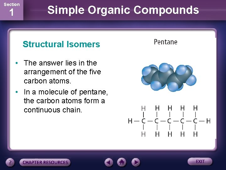 Section 1 Simple Organic Compounds Structural Isomers • The answer lies in the arrangement