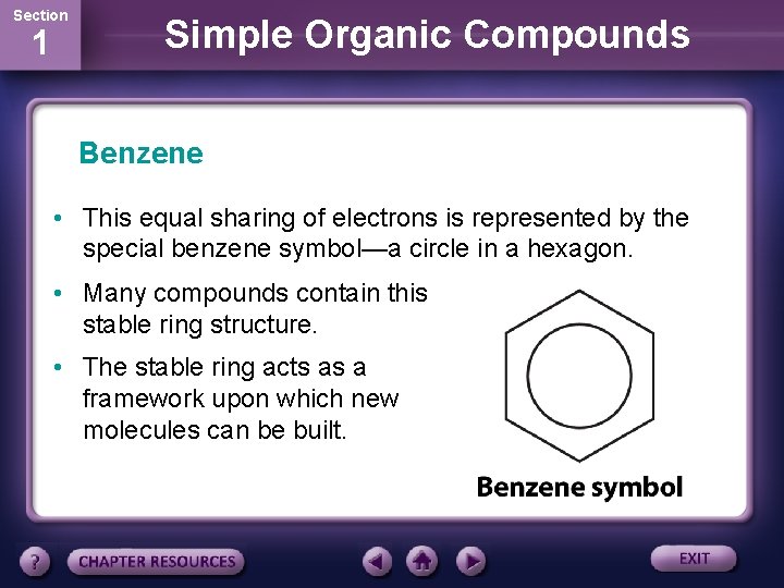 Section 1 Simple Organic Compounds Benzene • This equal sharing of electrons is represented