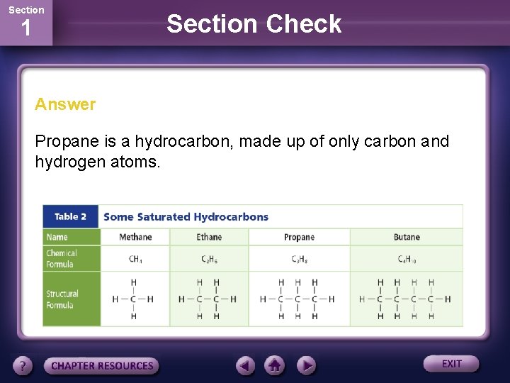 Section 1 Section Check Answer Propane is a hydrocarbon, made up of only carbon