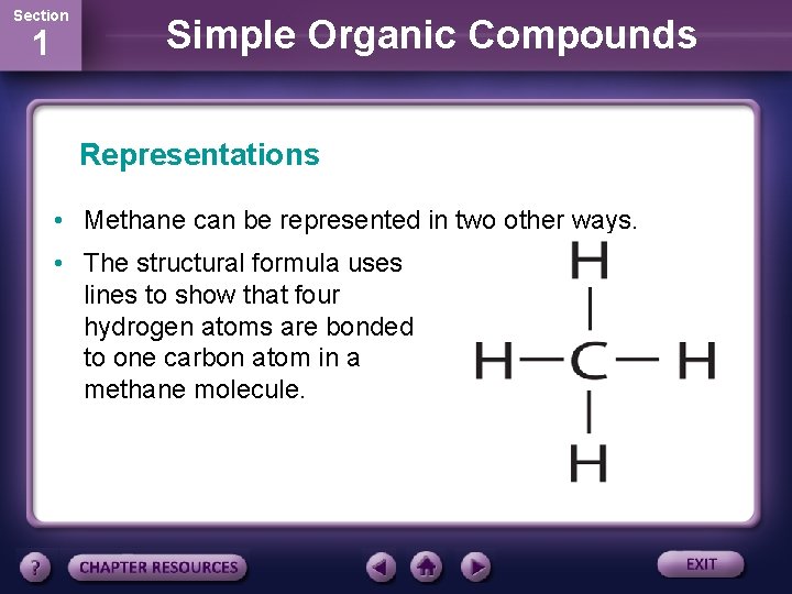 Section 1 Simple Organic Compounds Representations • Methane can be represented in two other