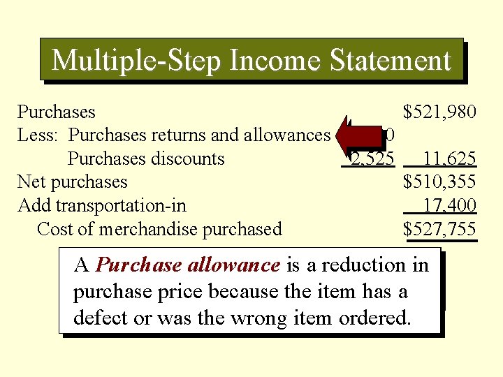 Multiple-Step Income Statement Purchases $521, 980 Less: Purchases returns and allowances $9, 100 Purchases