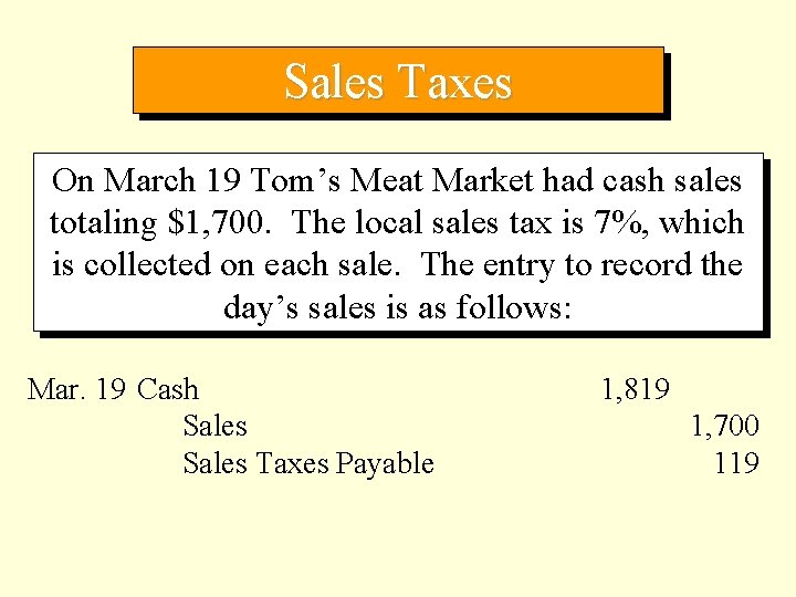 Sales Taxes On March 19 Tom’s Meat Market had cash sales totaling $1, 700.