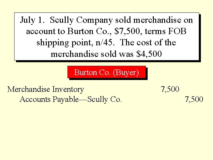 July 1. Scully Company sold merchandise on account to Burton Co. , $7, 500,