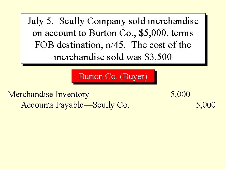 July 5. Scully Company sold merchandise on account to Burton Co. , $5, 000,