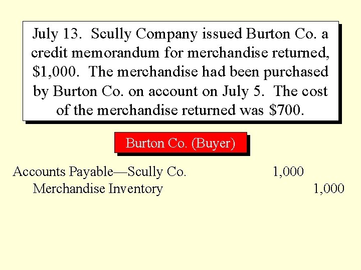 July 13. Scully Company issued Burton Co. a credit memorandum for merchandise returned, $1,