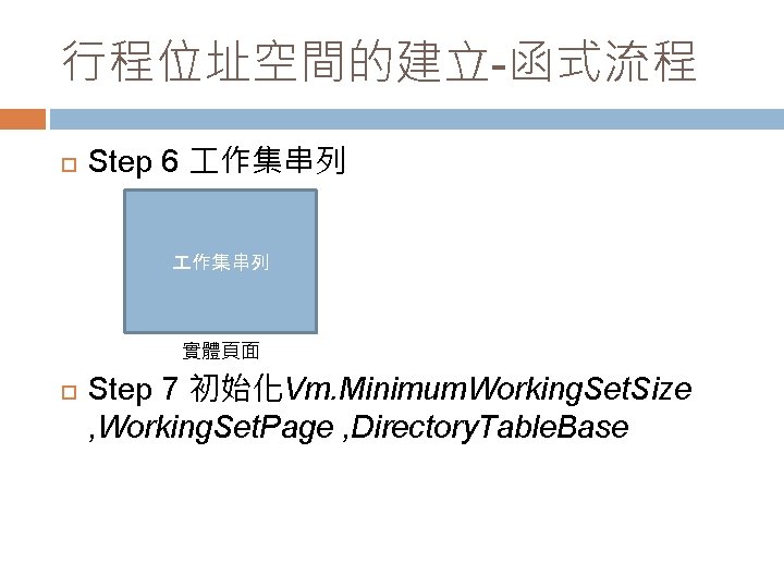 行程位址空間的建立-函式流程 Step 6 作集串列 實體頁面 Step 7 初始化Vm. Minimum. Working. Set. Size , Working.