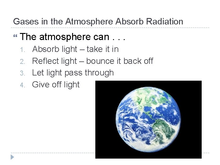 Gases in the Atmosphere Absorb Radiation The atmosphere can. . . 1. 2. 3.