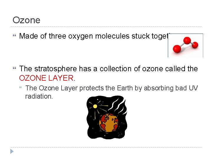 Ozone Made of three oxygen molecules stuck together The stratosphere has a collection of