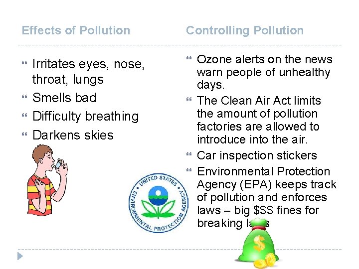Effects of Pollution Irritates eyes, nose, throat, lungs Smells bad Difficulty breathing Darkens skies