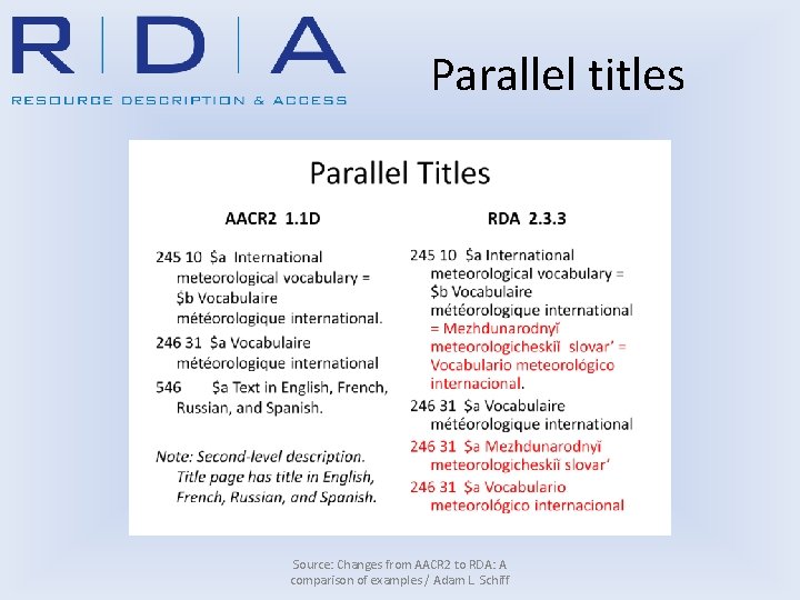 Parallel titles Source: Changes from AACR 2 to RDA: A comparison of examples /